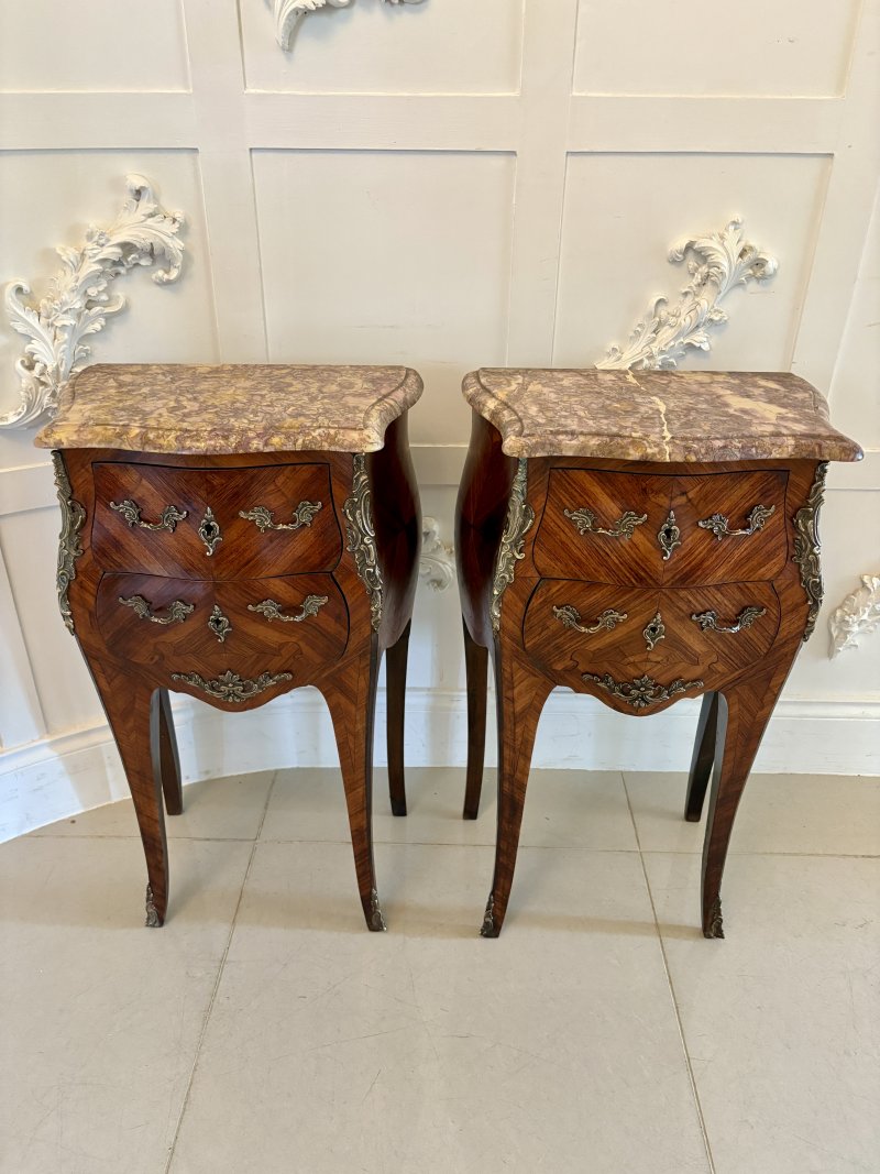 Pair of Antique Quality French Kingwood Marble Top Marquetry Inlaid Bedside Cabinets